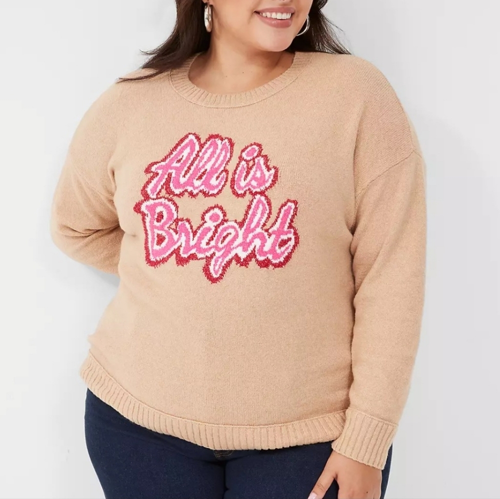 Lane Bryant Sweater All Is Bright Crew Neck Womens Plus 14/16 Tan Preppy Holiday - Picture 2 of 5